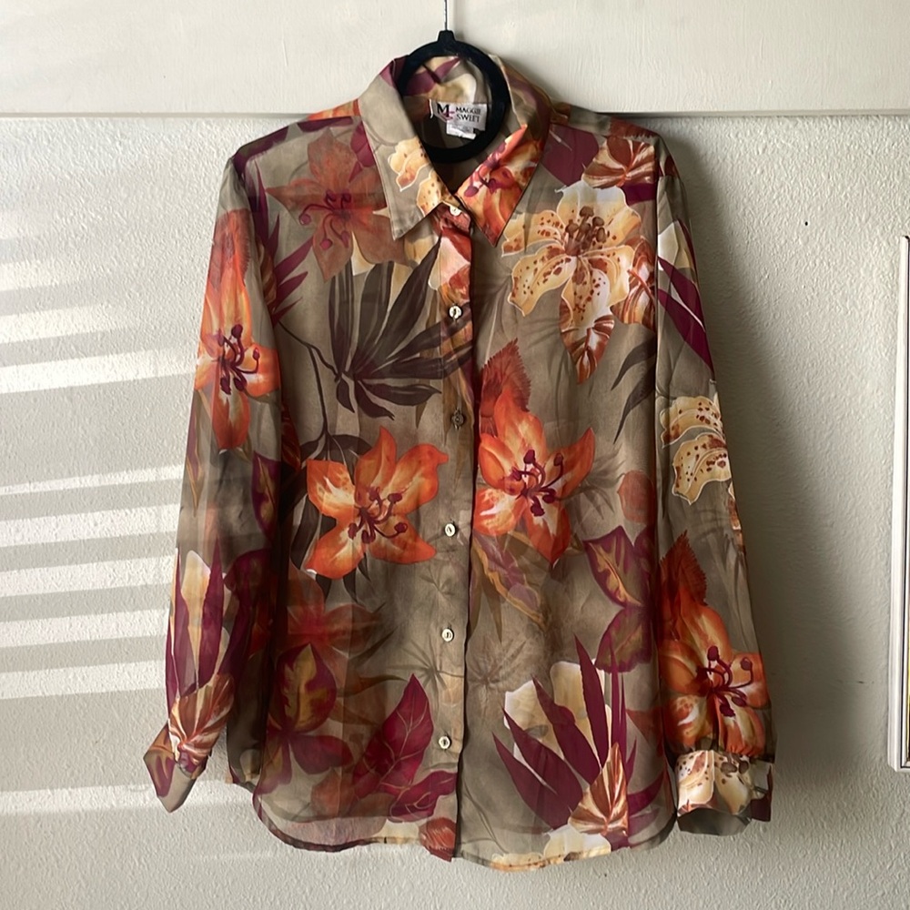 Vintage Maggie Sweet chiffon sheer floral printed long sleeve button down
